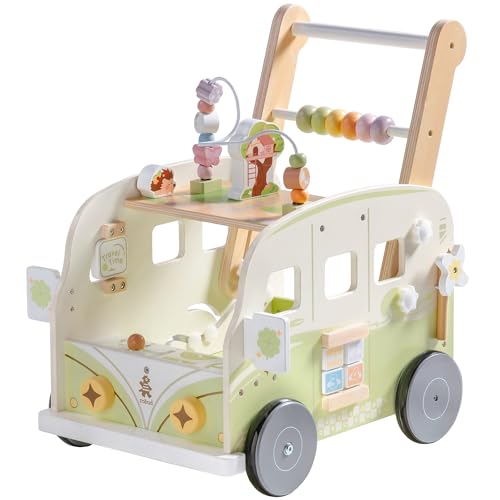 ROBUD Baby Lauflernhilfe Holz, Interaktiver Lauflernwagen, Einstellbare Geschwindigkeit & Höhe Baby Walker, Motorikspielzeug Geschenk für Kleinkinder ab 10 Monaten-1-2 Jahren